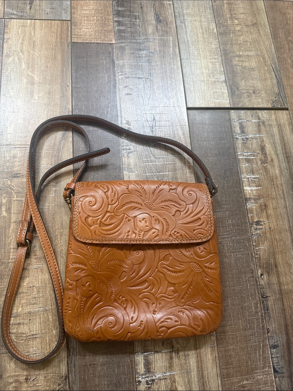 Patricia Nash Embossed Floral Crossbody Bag - Cognac Brown